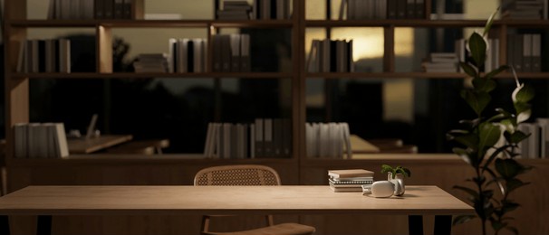 a close-up of headphones and stack of books on a wooden table in a comfortable minimalist library at dusk with the warm, soft lighting creates a cozy atmosphere. 3d render, 3d illustration