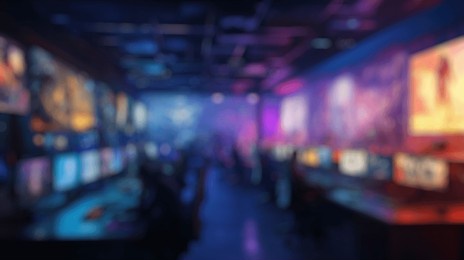 blurred background of futuristic gaming room with multiple monitors showcasing stunning graphics and engaging environments in a collaborative e-sports setting