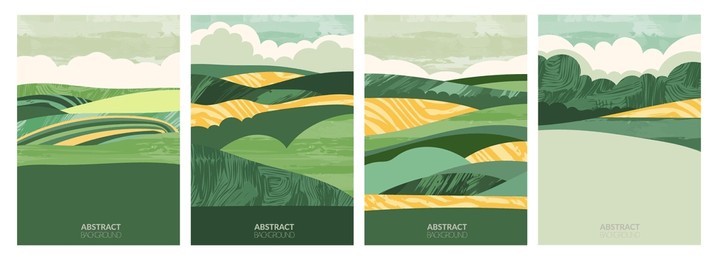 aerial vector illustration of rural farm landscape -  green field, wheat, rice, tea plantation. eco-friendly, organic countryside pattern, terrace, spring mountain. agriculture poster template design
