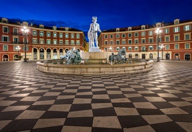 place massena and fountain du soleil at dawn, nice, france
