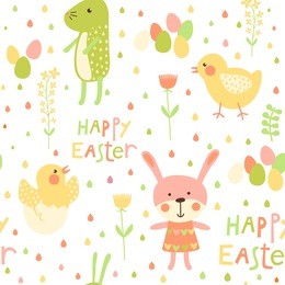 seamless easter pattern with egg, chicken and rabbit. seamless baby pastel color background. 