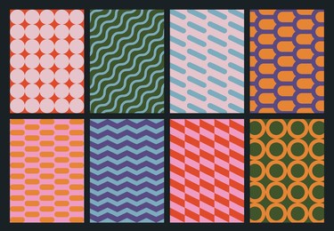 set of colorful geometric backgrounds. minimalist posters in trendy vintage style. abstract design with simple shapes for greeting card, flyer, cover, wallpaper, brochure, banner, social media.