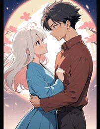 under the full moon, two hearts meet in an embrace surrounded by cherry blossoms, as if time stands still.