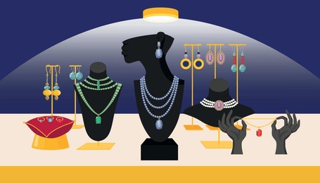 vector illustration of a beautiful showcase with luxurious jewelry. cartoon scene female busts stand, hands, pillows with precious necklaces, earrings, rings on the table illuminated by light.