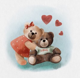 clip art for valentine's day. a cute watercolor couple of teddy bears in love hugging. illustration, template for greeting card.