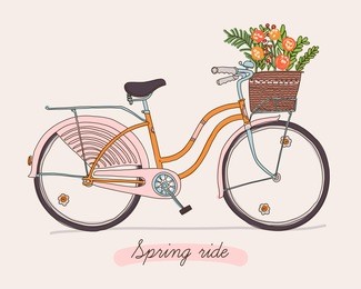 cute vector retro bicycle for ladies with basket full of spring flowers | hand drawn vintage fashionable design on spring season ride. ideal for scrap booking, post cards and wall decoration