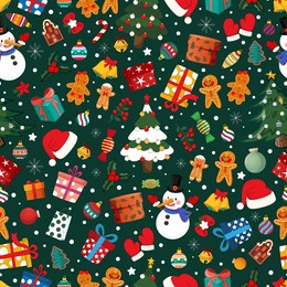 winter, new year, christmas, holiday seamless pattern, dark green background, illustration, vector