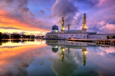 kota kinabalu city mosque in sunset at borneo sabah, malaysia, soft focus blur