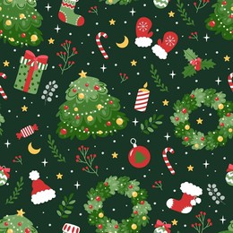 christmas wreath, new year tree, decorations. christmas pattern. seamless pattern. flat cartoon illustration