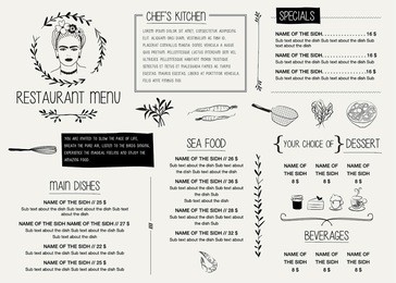 restaurant menu template. vector illustration file with editable graphic design elements: typography, dividers, frames, illustrations, decorative elements, icons, symbols etc.