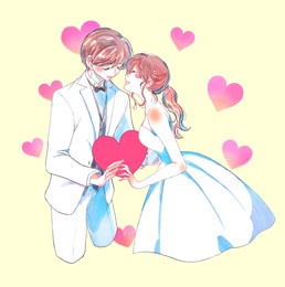 bride and groom holding a heart shape