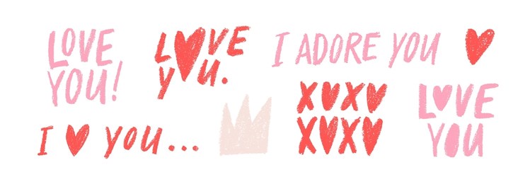 set of love calligraphy phrases drawn with red and pink crayons. vector modern romantic lettering. childish style hand drawn pencil calligraphy. valentines day typography with hearts and crown.