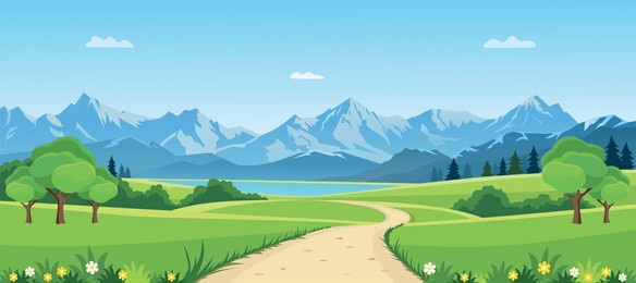 beautiful path with mountains landscape. panorama of spring summer beautiful nature, green grasslands meadow with flowers, scenic blue lake, mountains on horizon background vector illustration.