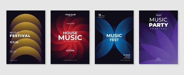 music poster design background vector set. electro sound cover template with vibrant abstract gradient geometric shape and line wave. ideal design for social media, flyer, party, music festival, club.