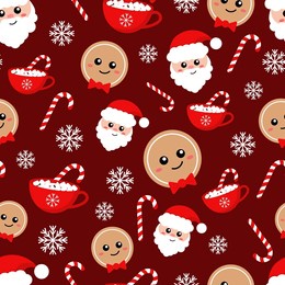 vector pattern with christmas gingerbread man, santa claus and hot chocolate with marshmallows