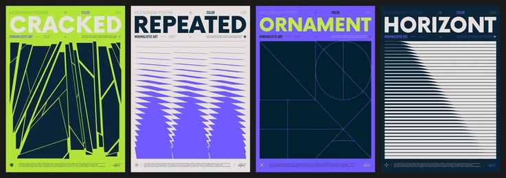 modern abstract artwork collection, vector minimalistic posters with geometric shapes, brutalism style inspired graphic, bold y2k futuristic aesthetic, form distortion effect, color set 5