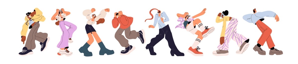 happy people dance set. young dancers listen to music in headphones and move. modern men, women in earphones have fun, perform to audio. flat isolated vector illustrations on white background