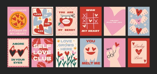 cartoon posters for st. valentine's day on february 14 in retro 90s style. romantic elements, love envelope, hearts,love, gifts. vector banners set.	

