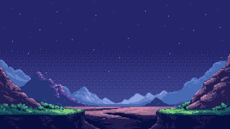 pixel art game level background, space, planet surface, starry sky, mountains. 8bit retro arcade game. vector illustration