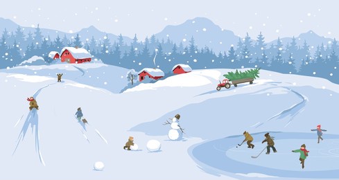 fun winter games for children -- sledding and skating, christmas time. abstract winter rural landscape with old village. freehand drawing, set of three vector illustrations, triptych.	