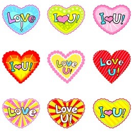 set of vector funny heart stickers. romantic labels with "love you" message. valentine's day love & hearts