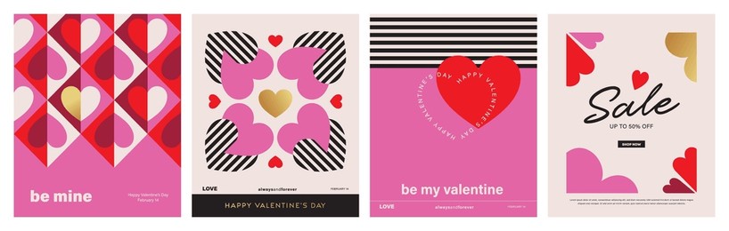 set of valentine's day poster, greeting card, cover, label, sale promotion templates, pattern background in modern trendy geometric style.