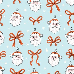 vector christmas seamless pattern. christmas santa claus balls and preppy red bows on light blue background. new year seamless pattern in hand-drawn style.