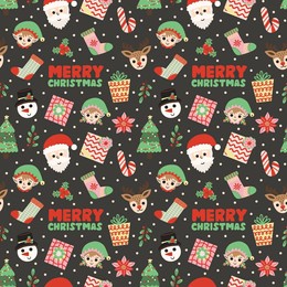 hand lettered merry christmas greetings with christmas elements on charcoal gray vector seamless pattern design.