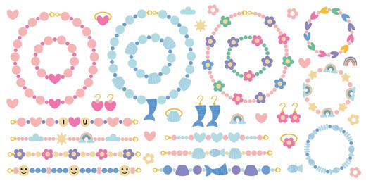set of funky bracelets vector illustration. floral and mermaid necklace, bracelets and earrings with plastic beads flat vector set
