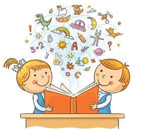 children reading a book and learning many new things, no gradients