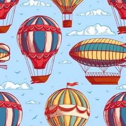 beautiful retro colorful seamless background with balloons and airships flying to cloudy sky