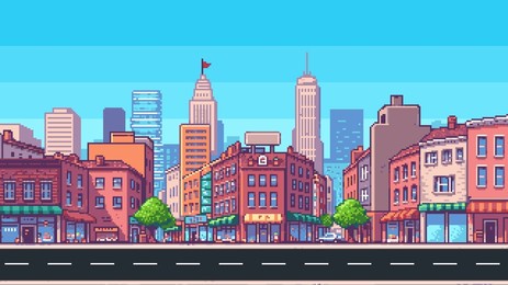 pixel art game level vector background, 8 bit cityscape, day light city arcade video game, pixelated city with skyscrapers, downtown landscape