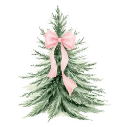 watercolor christmas tree with blush pink bow. a gentle and charming hand drawn illustration. it is ideal for festive decoration and celebrations.