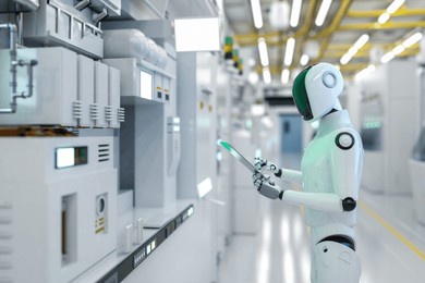 automation semiconductor manufacturing with 3d rendering humanoid robot in factory
