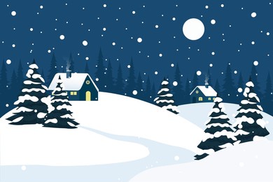 christmas night rural landscape in the forest. christmas eve. beautiful night winter landscape with a big moon, snow, trees, houses and snowdrifts.
