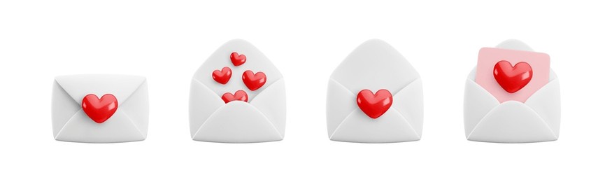 vector cartoon 3d love letter icon set. realistic 3d render white open and closed envelope and hearts confetti. valentines day greeting, love message, valentine email. cute social media app design.