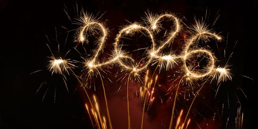 happy new year, new year's eve, silvester, new year, celebration greeting card, new year card - year 2026 in sparkler font and firework fireworks pyrotechnic, isolated on black night sky background