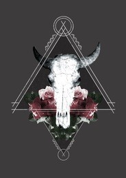 t-shirt graphic on dark background with buffalo skull.