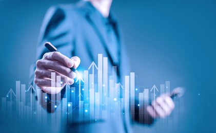 graph stock market economics, chart growth business to success globally. concept of investment, plan strategy, increase profit, financial economy, and grow marketing. digital technology trend