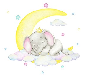 cute baby elephant sleeping against the background of the moon, clouds, and stars. watercolor clipart in cartoon style, on an isolated background.