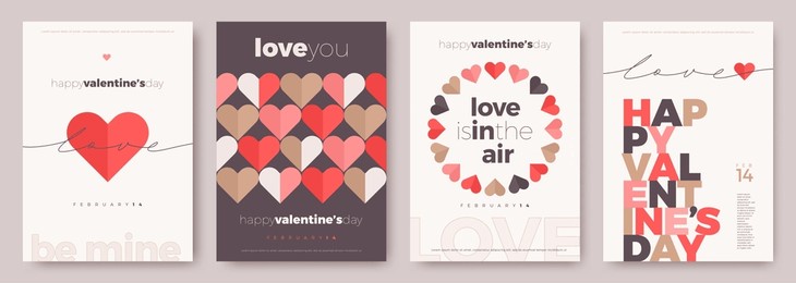 set of valentines day greeting card. trendy minimalist aesthetic design with hearts, typograpty and lettering. template for invitation, cover, banner, poster, flyer. vector illustration.