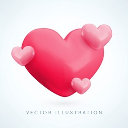 vector 3d pink hearts concept. cute realistic glossy heart composition. minimal 3d render love heart illustration for valentines day greetings, mothers day, birthday, wedding decoration, background.