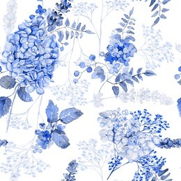 seamless pattern. watercolor blue hydrangea, lavender, currant. illustration of flowers. vintage. can be used for gift wrapping paper, birthday, mother's day. gentle, cute background. monochrome color