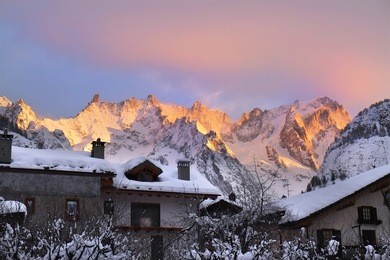 early morning and sunrise mountains in the ski resort courmayeur, italy