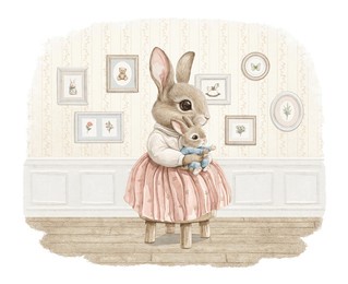 watercolor vintage cute bunny rabbit mom mother in dress holding little baby rabbit hare and sits on stool in room with paintings and wallpaper on wall. hand drawn illustration sketch