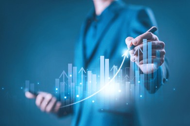 graph stock market economics, chart growth business to success globally. concept of investment, plan strategy, increase profit, financial economy, and grow marketing. digital technology trend