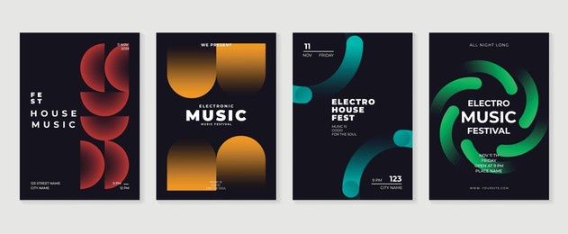 music poster design background vector set. electro sound cover template with vibrant abstract gradient geometric shape and line wave. ideal design for social media, flyer, party, music festival, club.