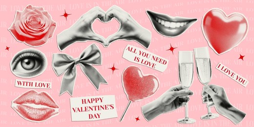 collage elements for valentine's day cut from paper with halftone effect. trendy vintage sticker for card, banner, background.