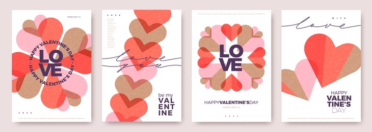 set of valentines day greeting card. trendy minimalist aesthetic design with hearts, typograpty and lettering. template for invitation, cover, banner, poster, flyer. vector illustration.