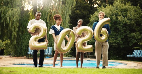 happy people, portrait or new year with numbers for festive party, celebration or event by pool. group, friends or team with balloon or summer break for december holiday, 2026 or reunion together